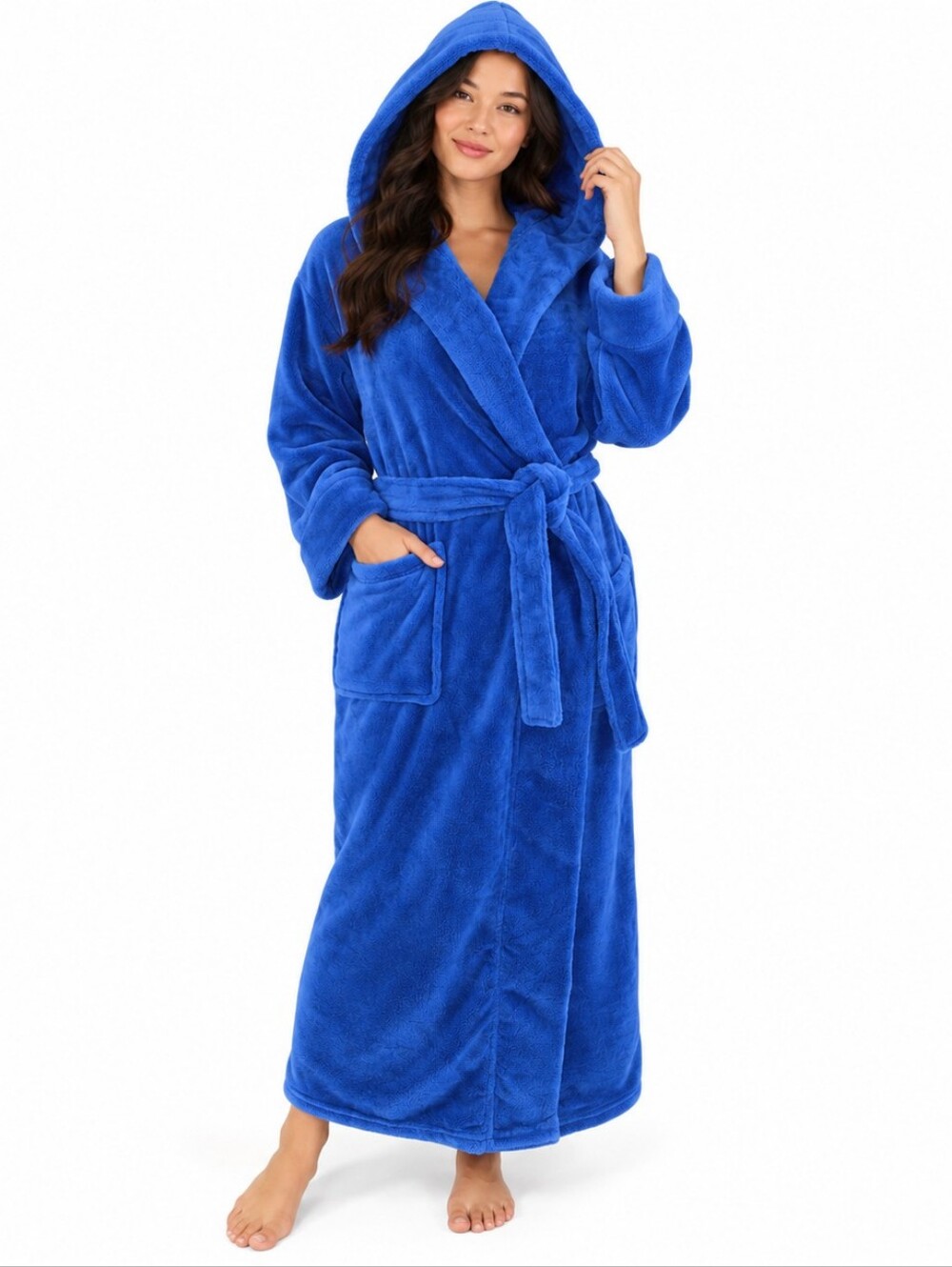 Alexander Del Rossa Robe L Royal Blue Plush Fleece Hooded Long Bathrobe